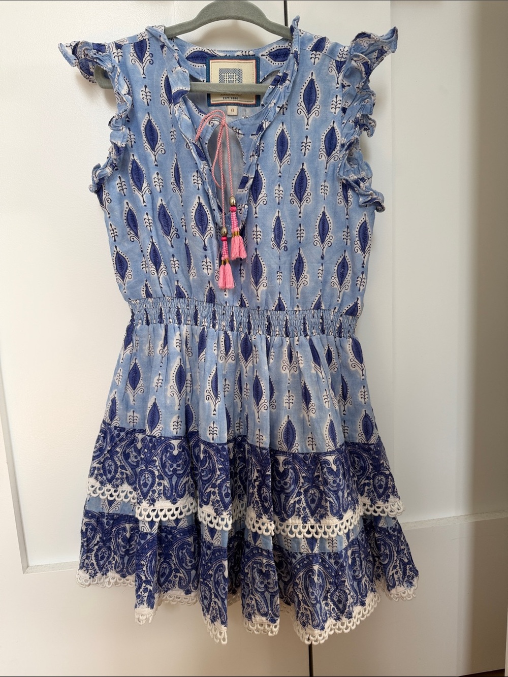 Light Blue Printed Girls' Tassel Tie Summer Dress
